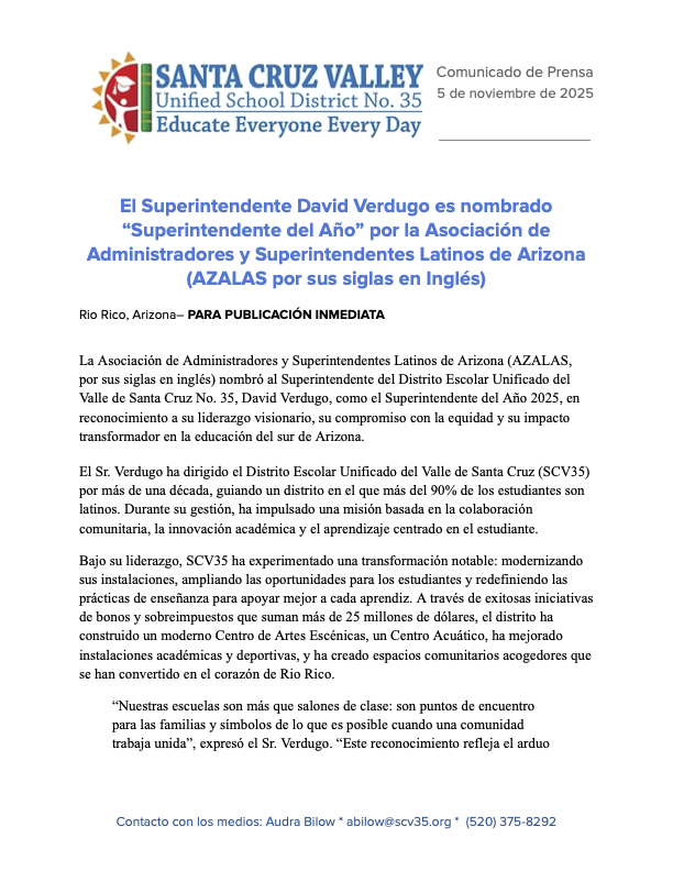 SCV35 Press Release - Superintendent Verdugo Named Superintendente of the Year by AZALAS