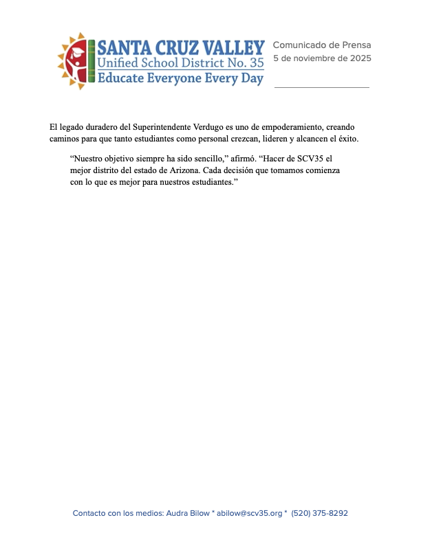 SCV35 Press Release - Superintendent Verdugo Named Superintendente of the Year by AZALAS