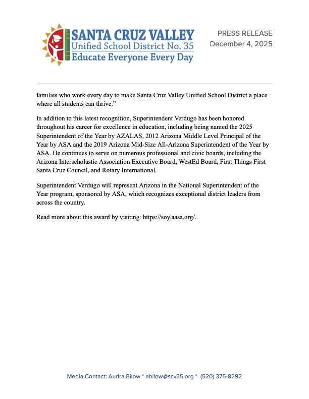 2026 Arizona Superintendent of the Year Press Release