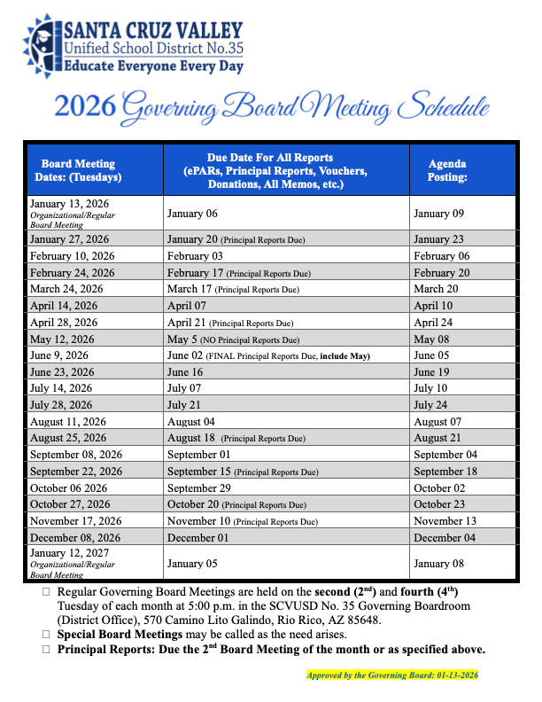 SCV35 Governing Board Meeting Schedule 2026
