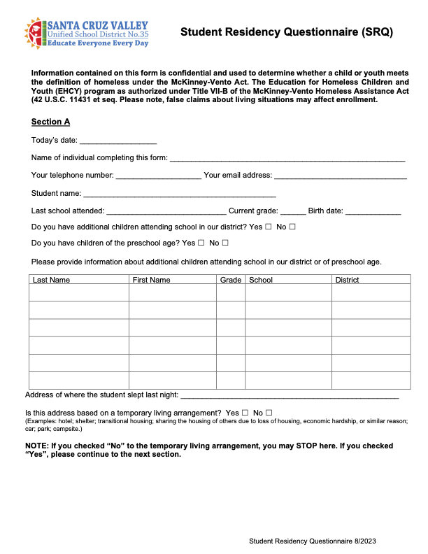 Arizona Student Residency Questionairre