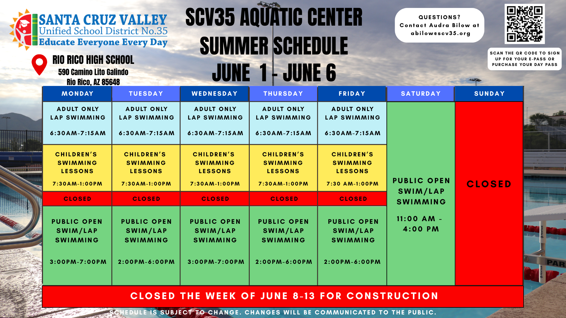 AQUATIC CENTER SUMMER SCHEDULE 2026