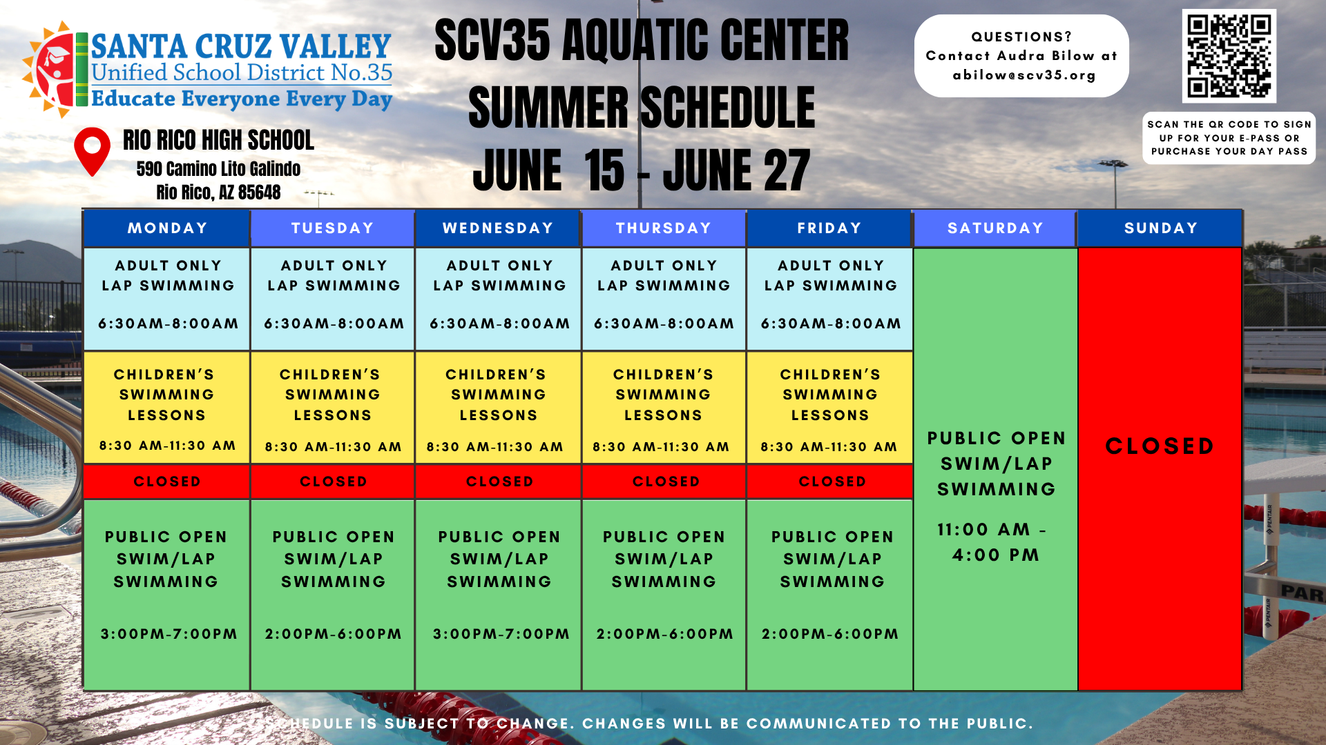 AQUATIC CENTER SUMMER SCHEDULE 2026