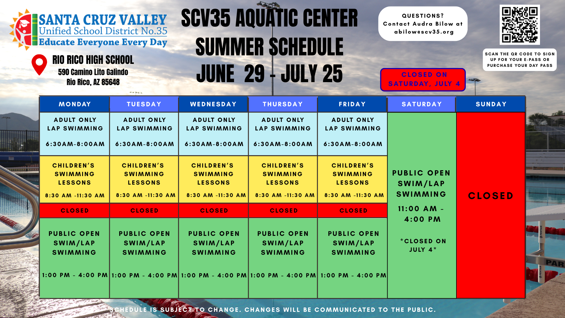 AQUATIC CENTER SUMMER SCHEDULE 2026