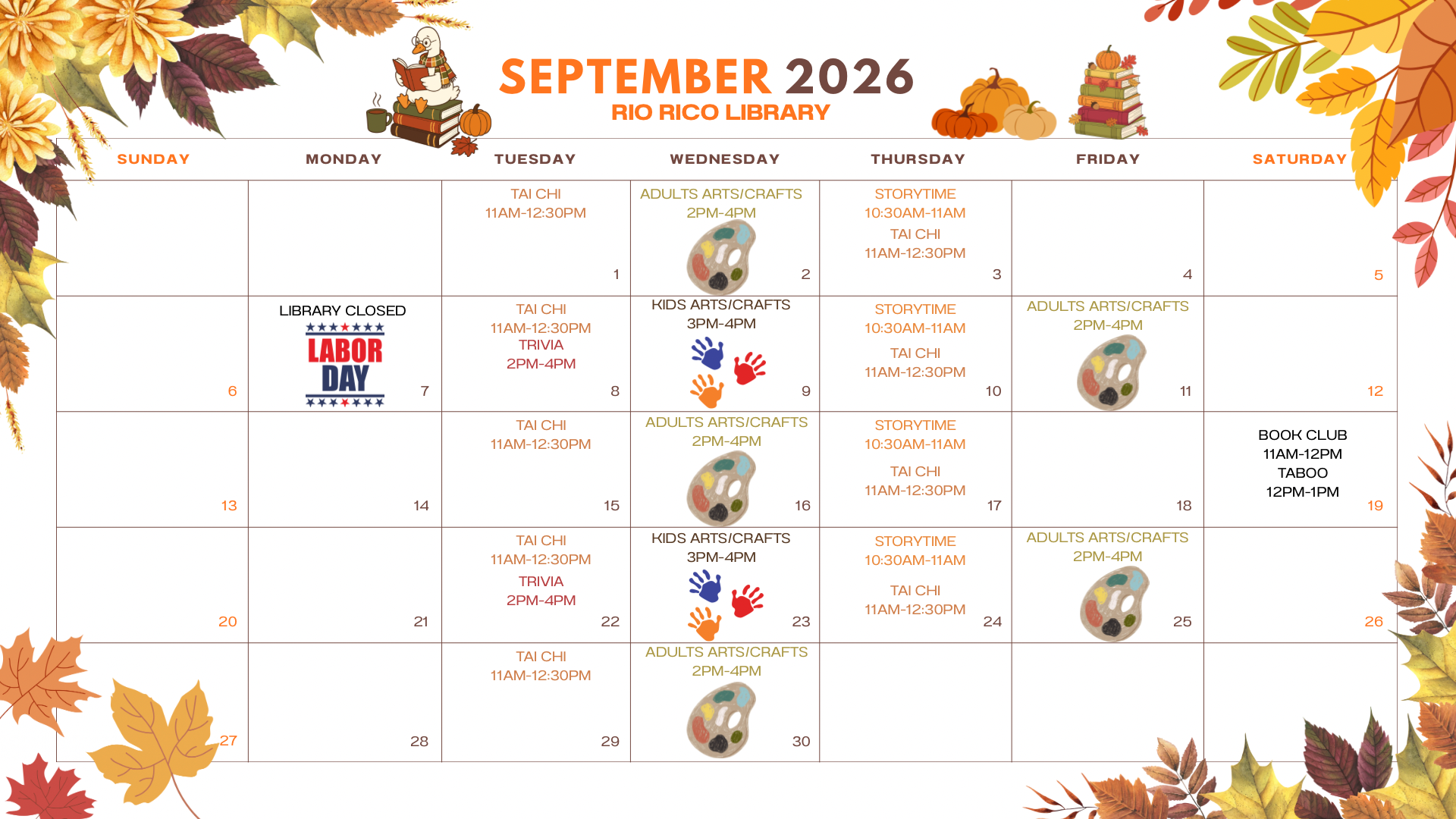 RR LIBRARY SEPTEMBER 2026 CALENDAR