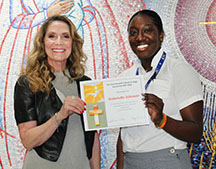 woman and student holding paper