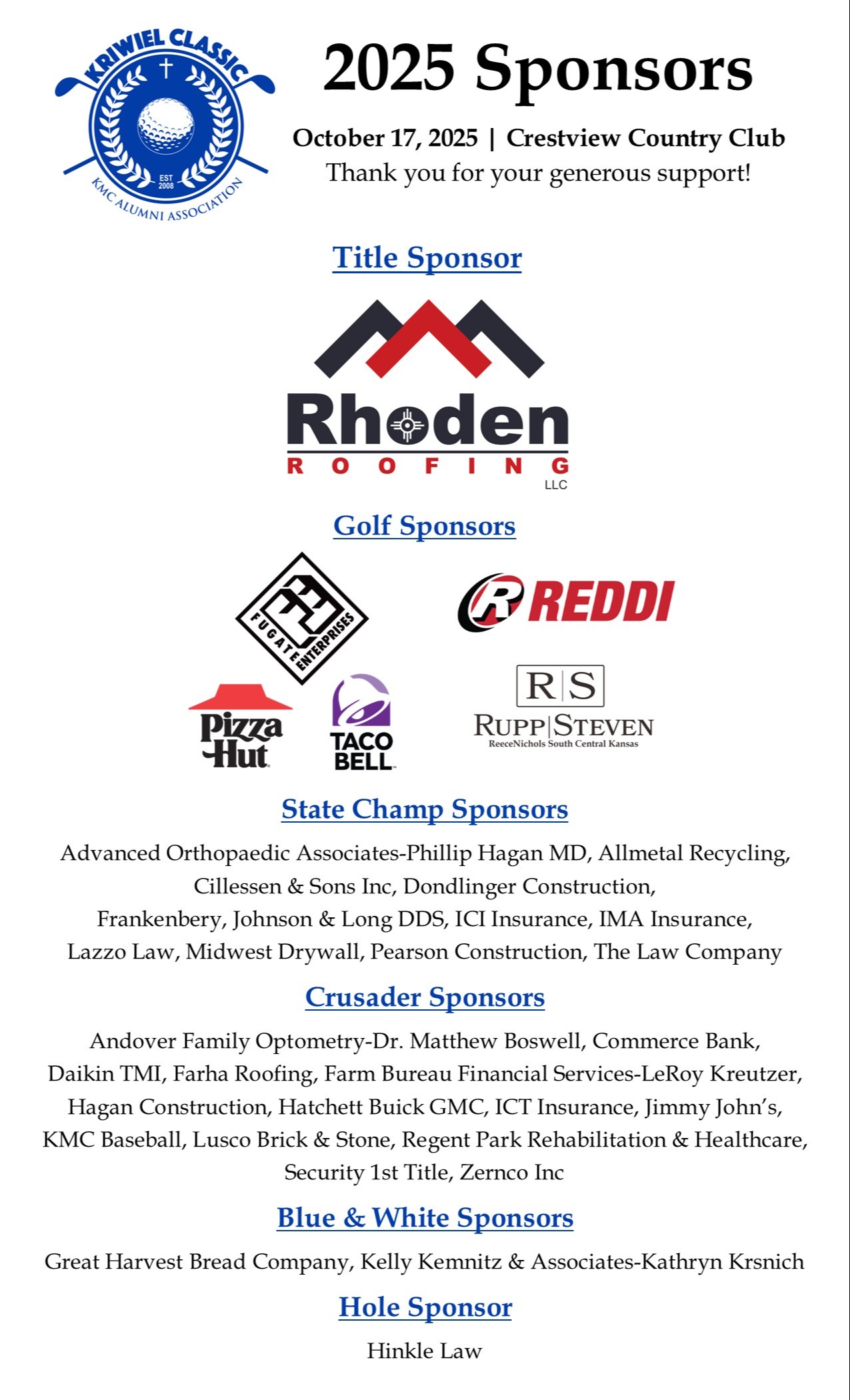 2025 Kriwiel Classic Sponsors