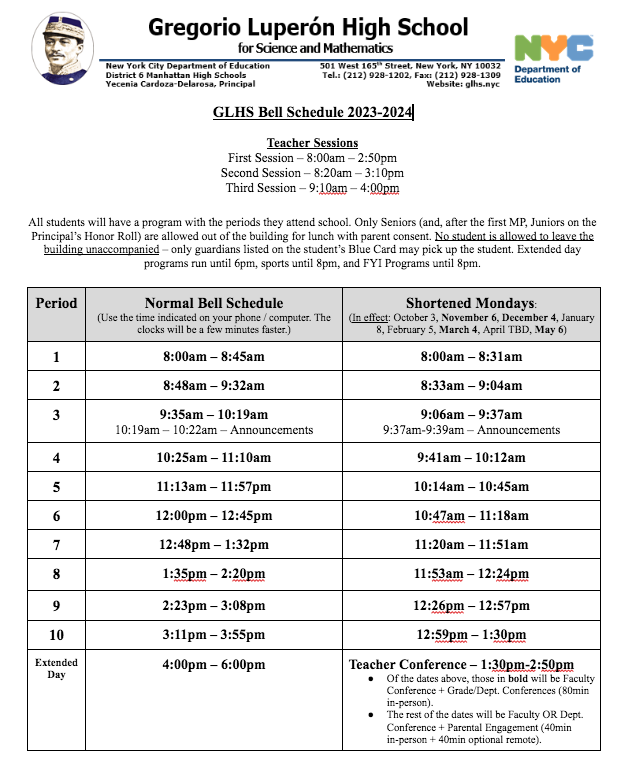 Bell Schedule | Gregorio Luperon for Science and Mathematics High School