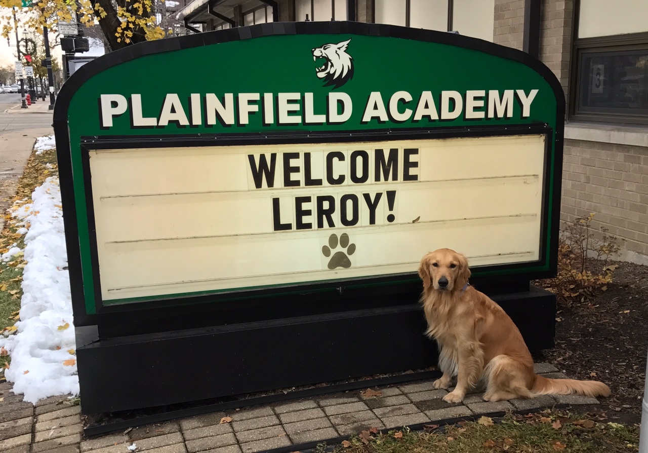 Leroy sitting outside PA sign that says Welcome Leroy!