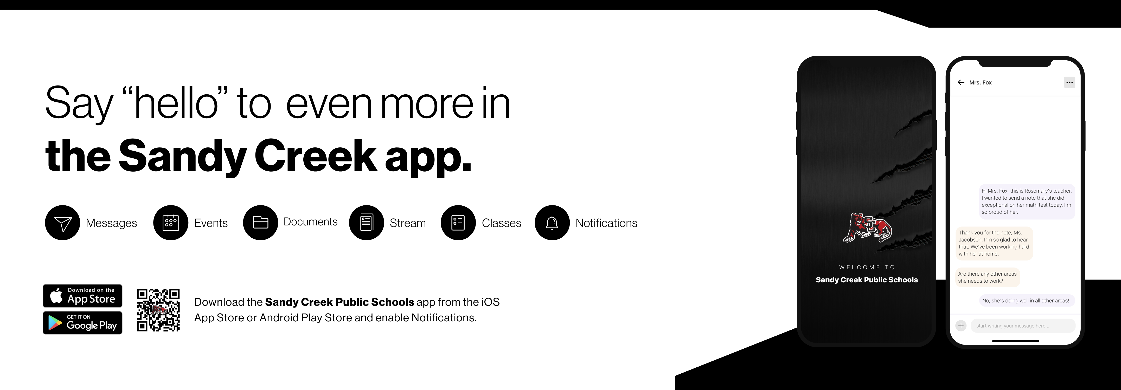 Say hello to Parent-Teacher chat in the new Rooms app. Download the Sandy Creek Public Schools app in the Google Play or Apple App store