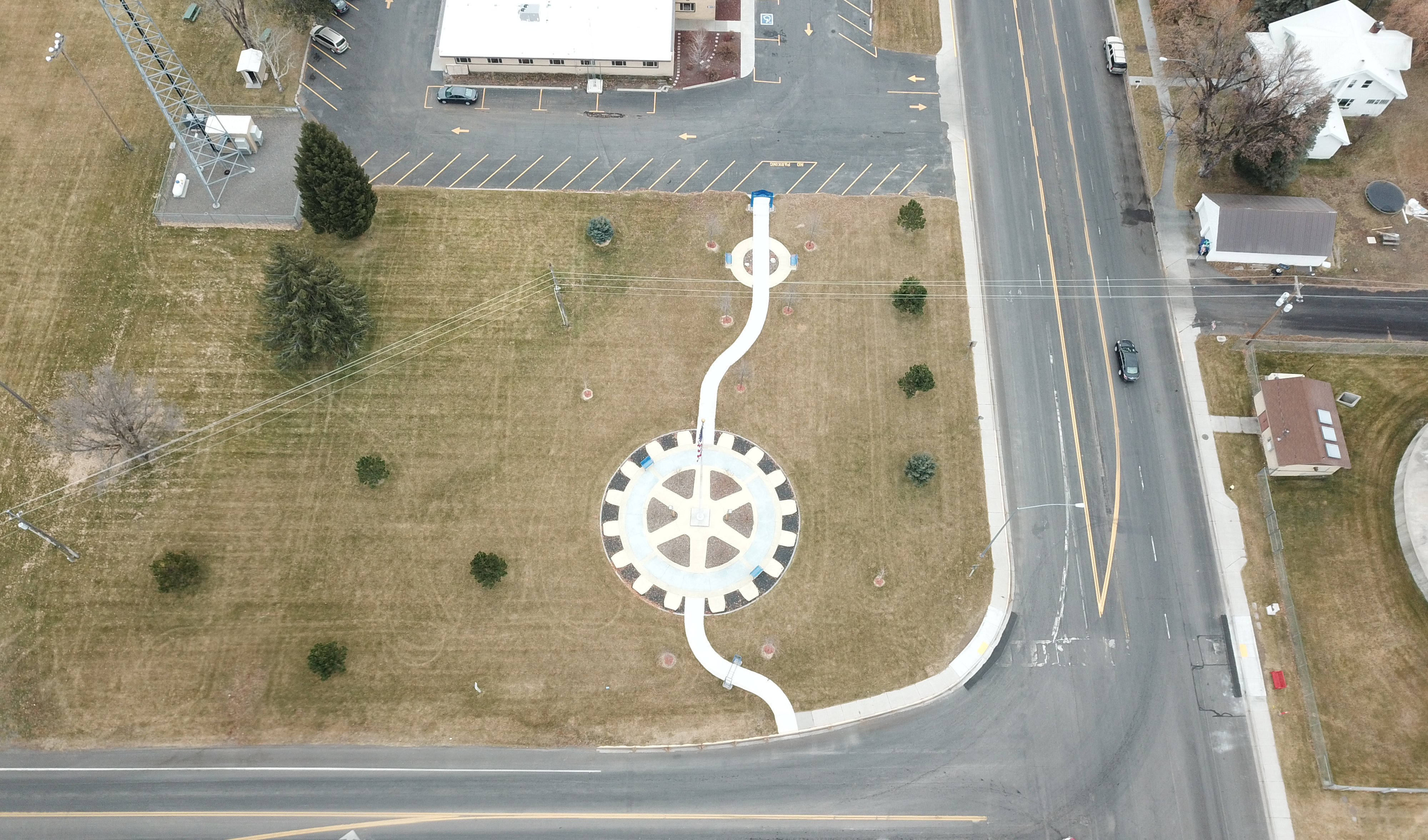 Aerial view of Rotary Park, showing walking path.