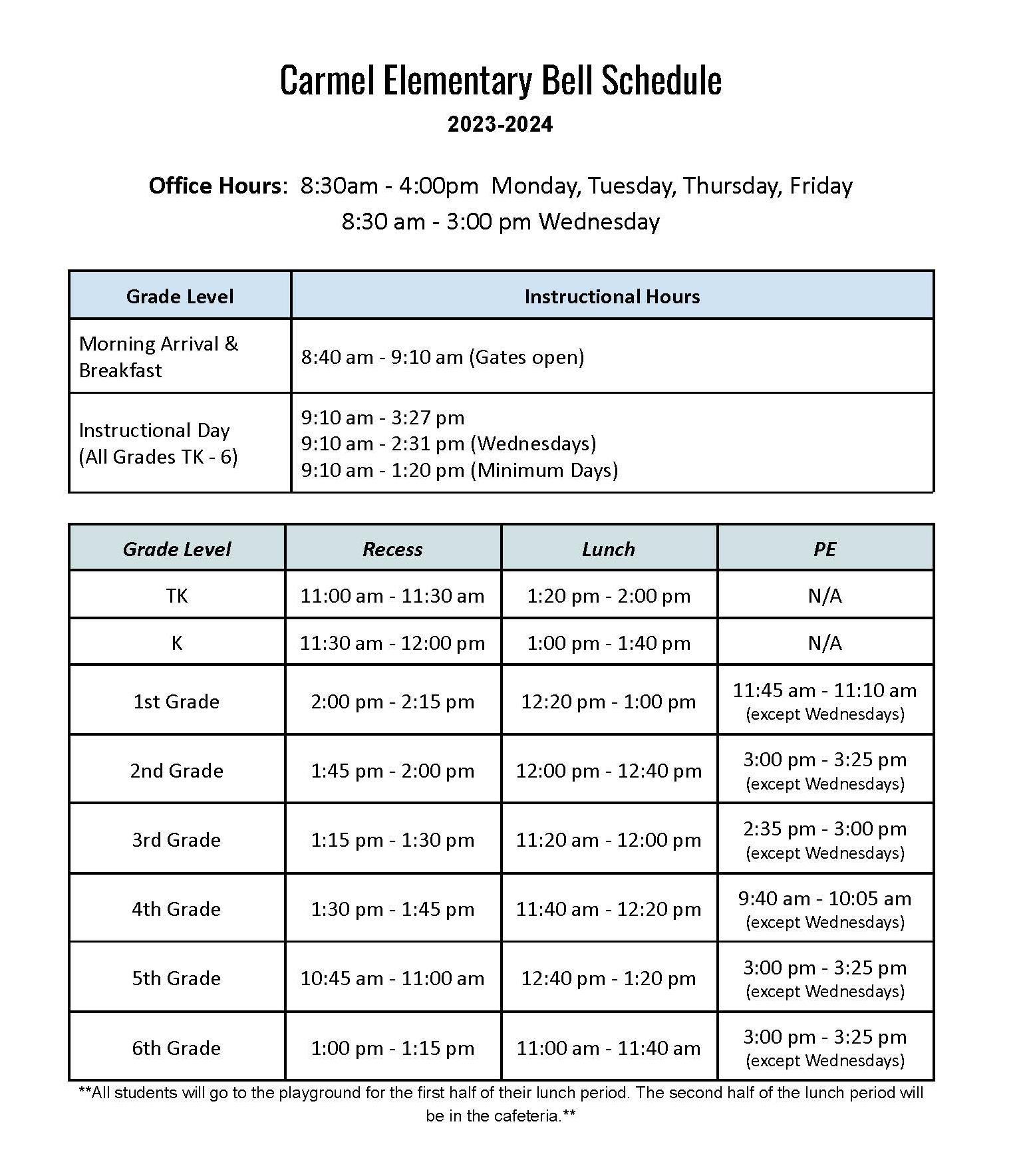 BELL SCHEDULE Carmel Elementary School