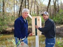 Two guys  standing between a post