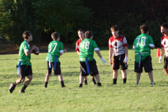 two teams facing each other, one boy throwing the ball