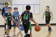 back of boy dribbling basketball