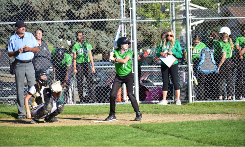 girl batting with team behind her