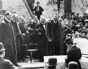 old photo with people inaugurating the building