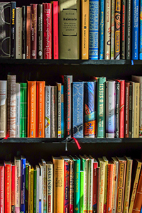 book shelf with books of different colors