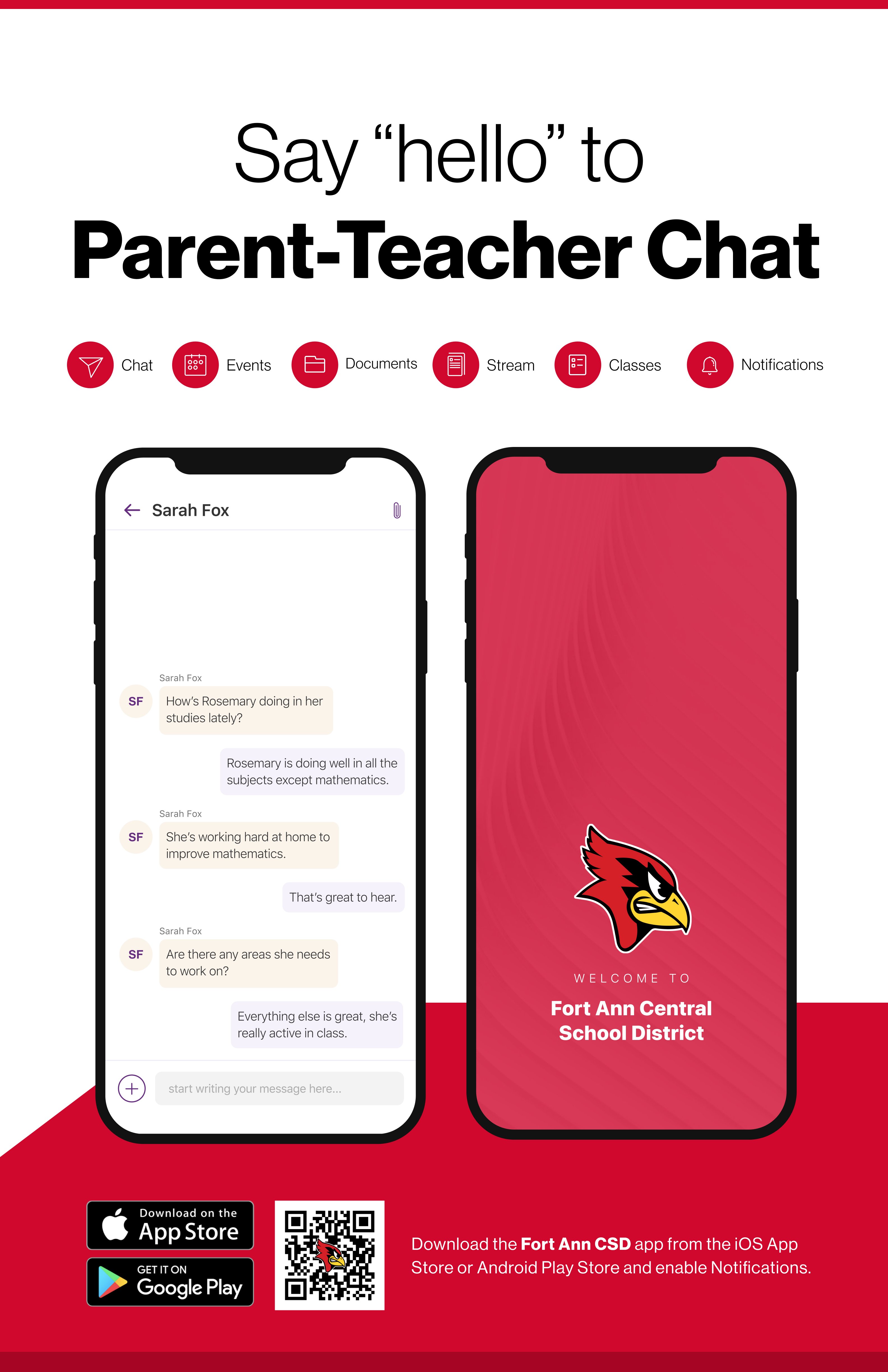 Say hello to Parent-Teacher chat in the new Rooms app. Download the Fort Ann Central School District app in the Google Play or Apple App store