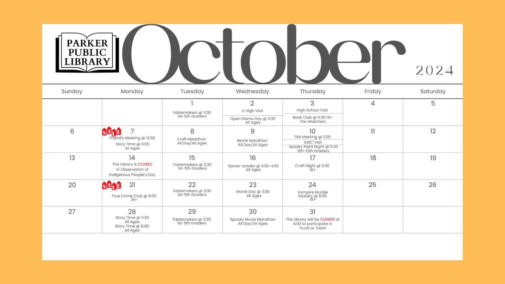 October Calendar of events