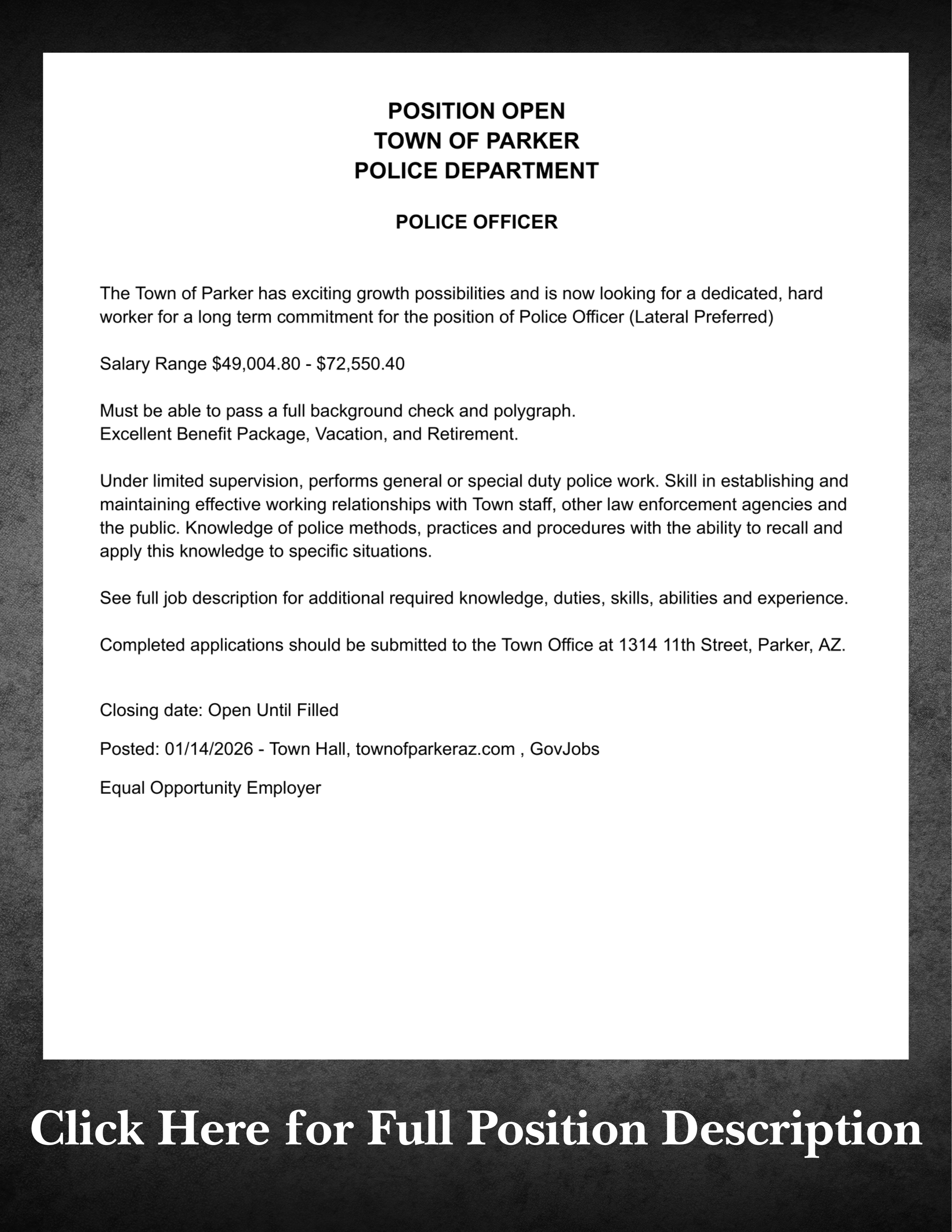 Job Posting for Parker Arizona Police Department