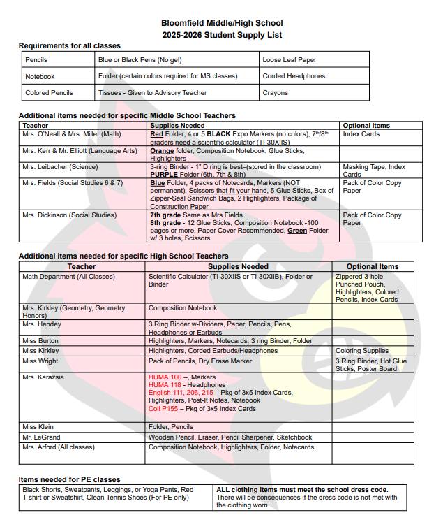 School Supply List