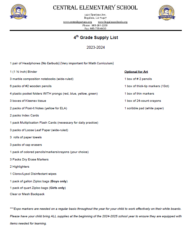 Fourth Grade Supply List