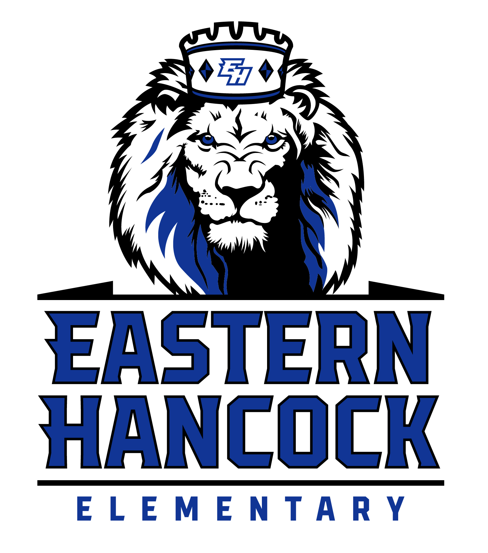 eastern hancock elementary with lion above text in black and blue