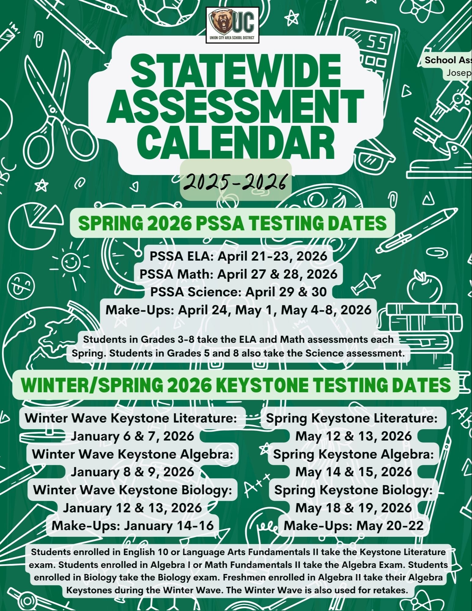 Spring PSSAs and Keystone Exam Dates