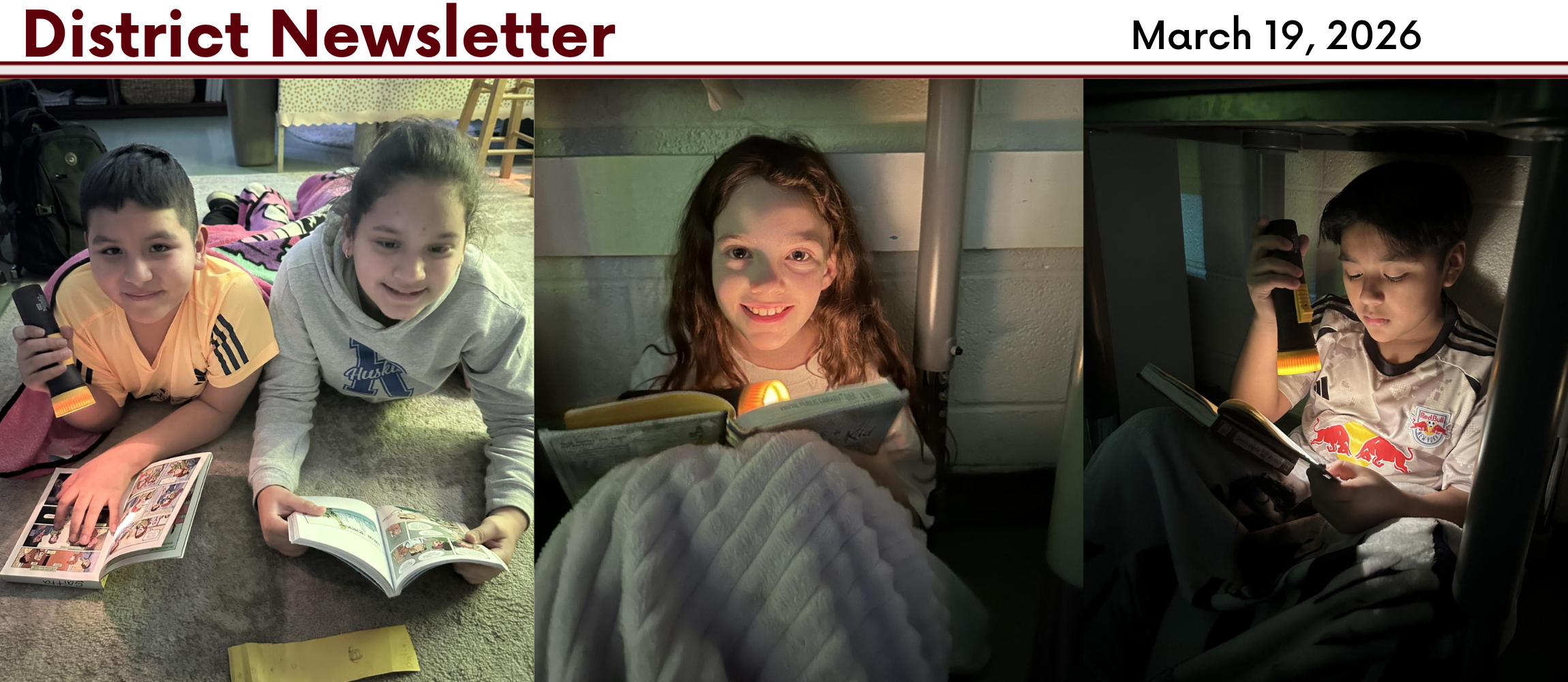 Collage of three photos; kids reading and smiling in dim lighting, dated March 19, 2026.