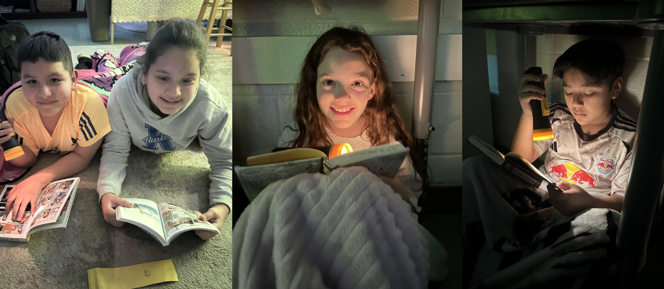 Three photos of children reading books in different settings. One reading on the floor, another with a flashlight, and the last one using a lamp.