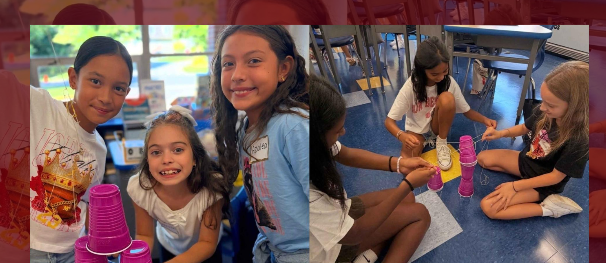 Three photos of children indoors. One child with pink cups, another child with a book, and another child in a white shirt.