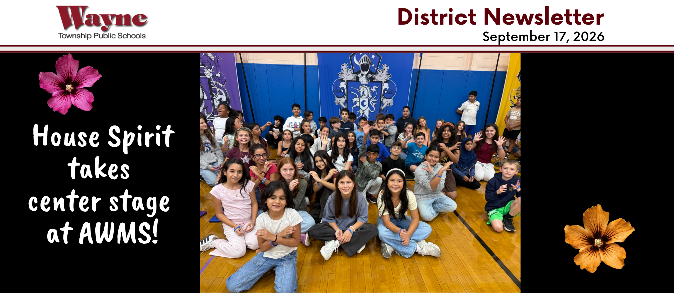 A group of students posing on a basketball court with text "House Spirit takes center stage at AWMS!"