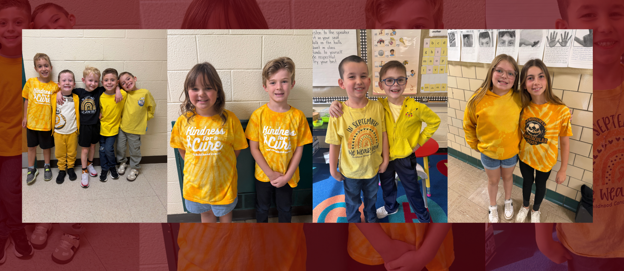 Multiple children in yellow t-shirts. Some are smiling, some have glasses. Backgrounds include brick walls and a classroom.