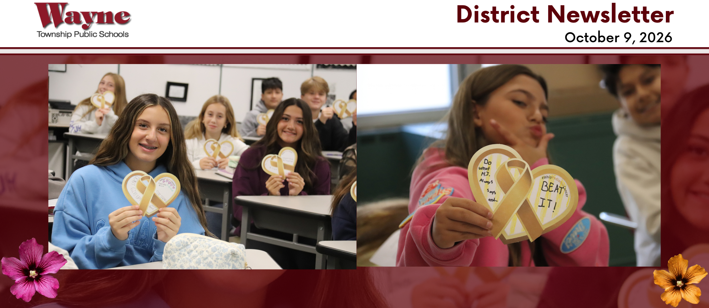 Collage of two photos. A girl holds up a heart. Another girl holds up a yellow ribbon.