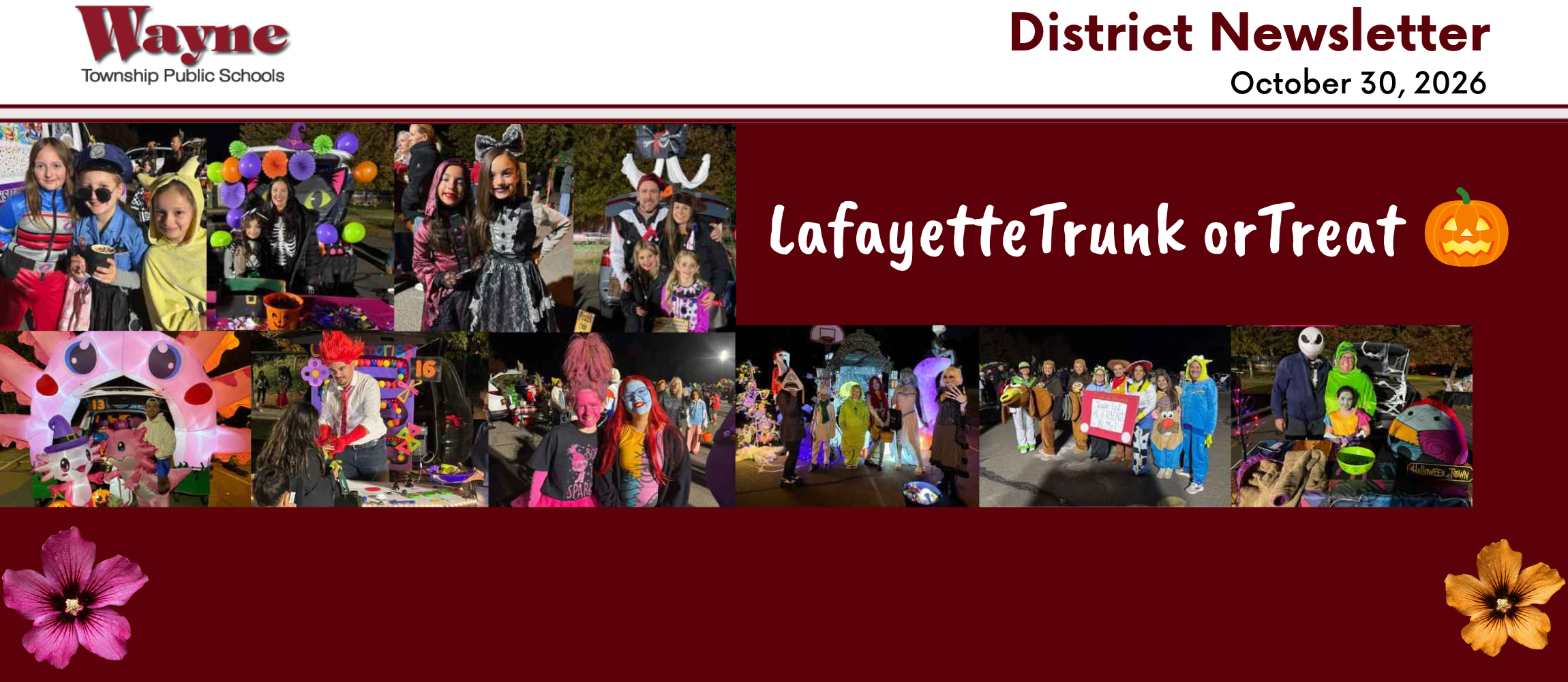 Collage of students in costumes, holding pumpkins, standing in front of a stage.