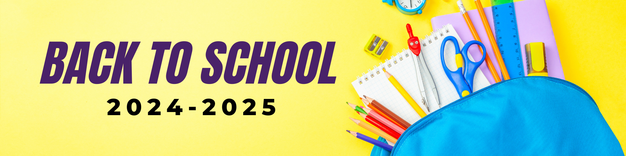 text: back to school 2024 to 2025 image: blue backpack filled with supplies on yellow background