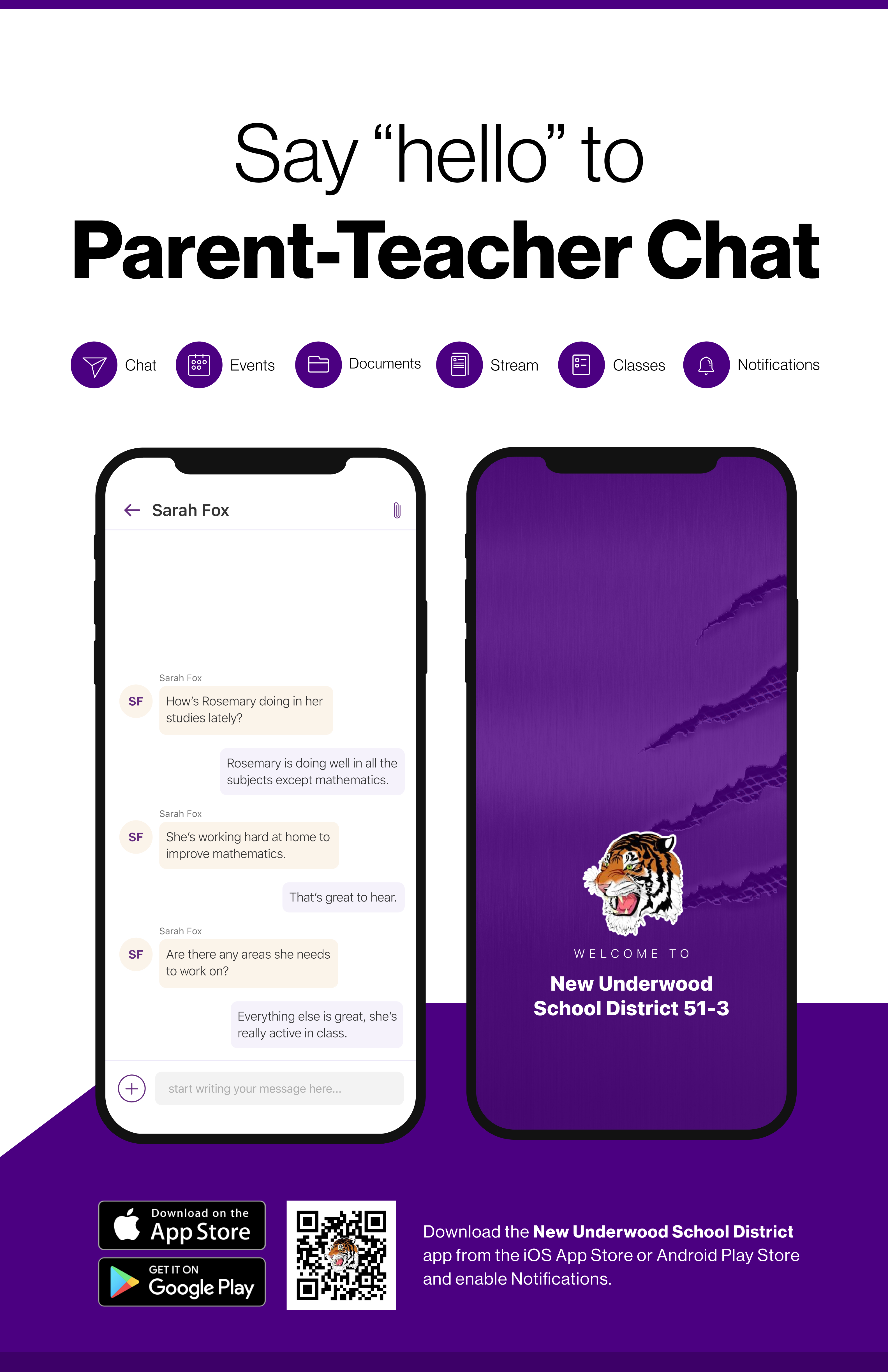 Say hello to Parent-Teacher chat in the new Rooms app. Download the New Underwood School District 51-3 app in the Google Play or Apple App store.