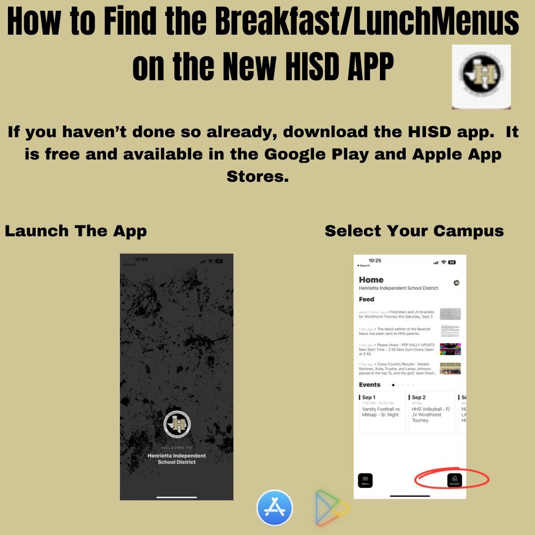 Step 1 to view the menu on the school app