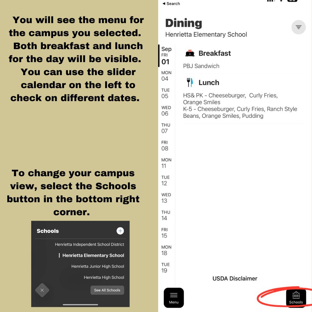 Step 3to view the menu on the school app