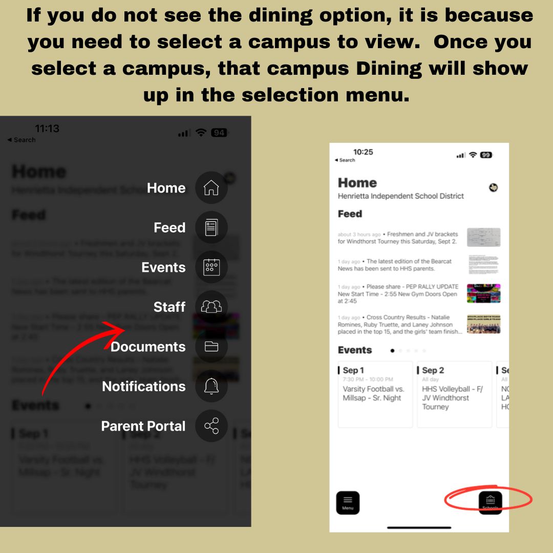 Step 4 to view the menu on the school app