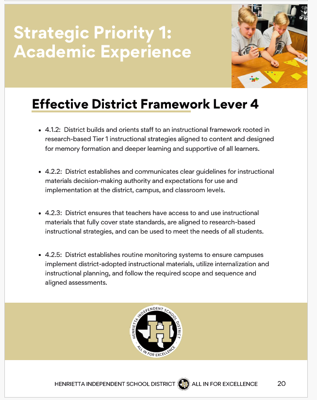 A page with text titled "Strategic Priority 1: Academic Experience" and a logo. Background contains a child.