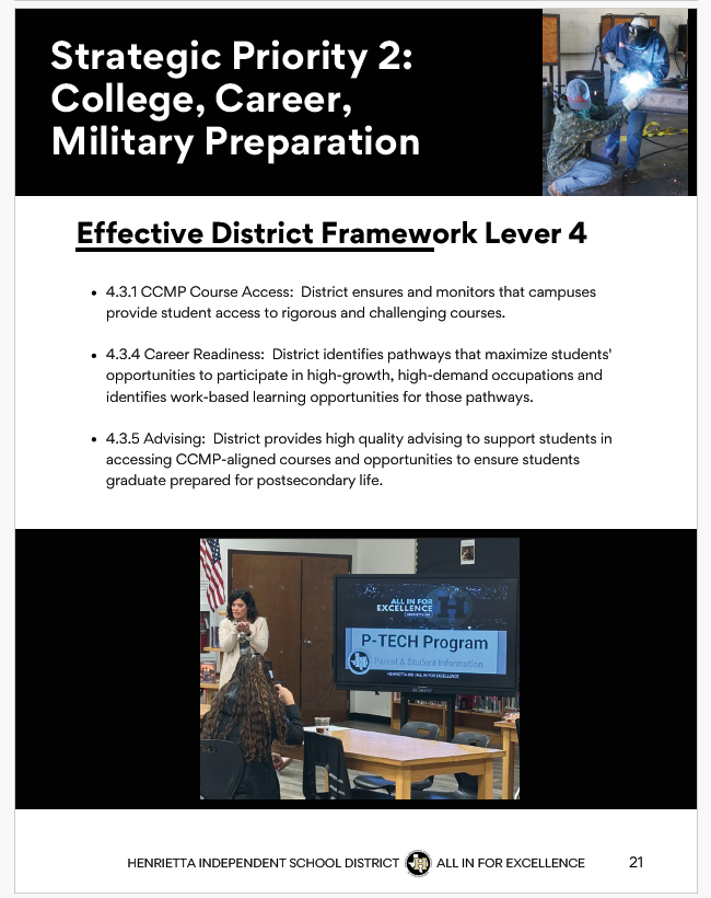 A slide with a title "Strategic Priority 2: College, Career, Military Preparation" and "Effective District Framework Lever 4" in the top left.