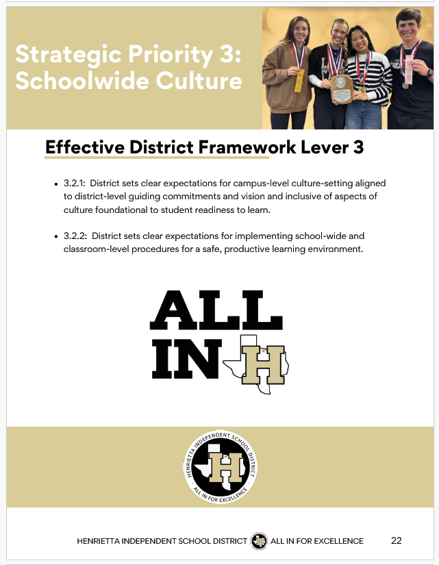 A page with a title "Strategic Priority 3: Schoolwide Culture" and a group of students with medals.