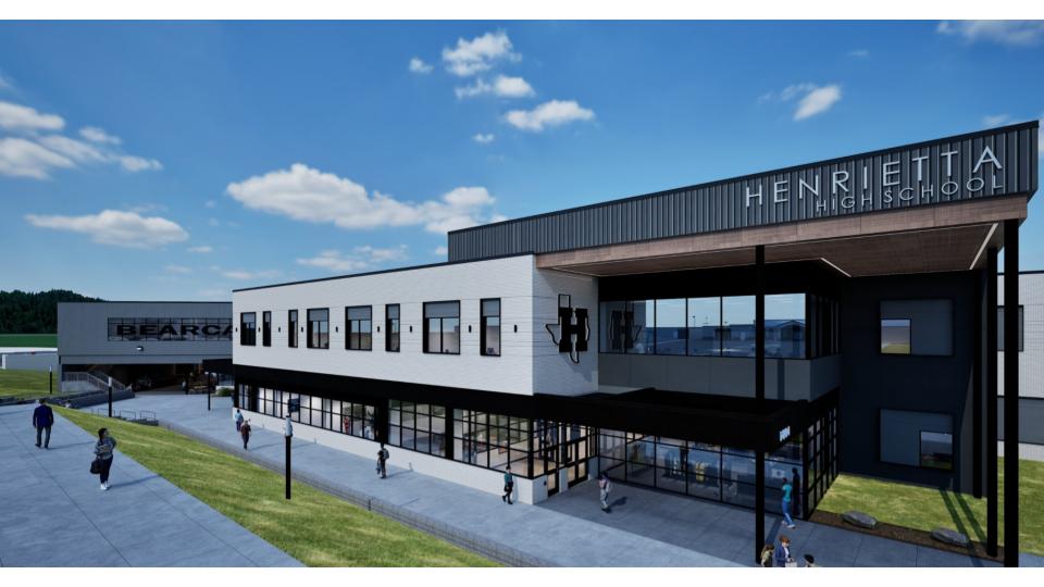 Concept art of Henrietta High School with modern design, large windows, and people walking in front.