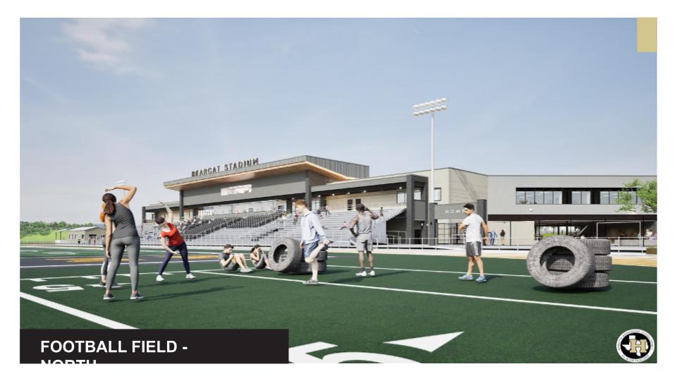 An artist's rendering of a football field with people doing exercises, two large tires, and a stadium in the background.