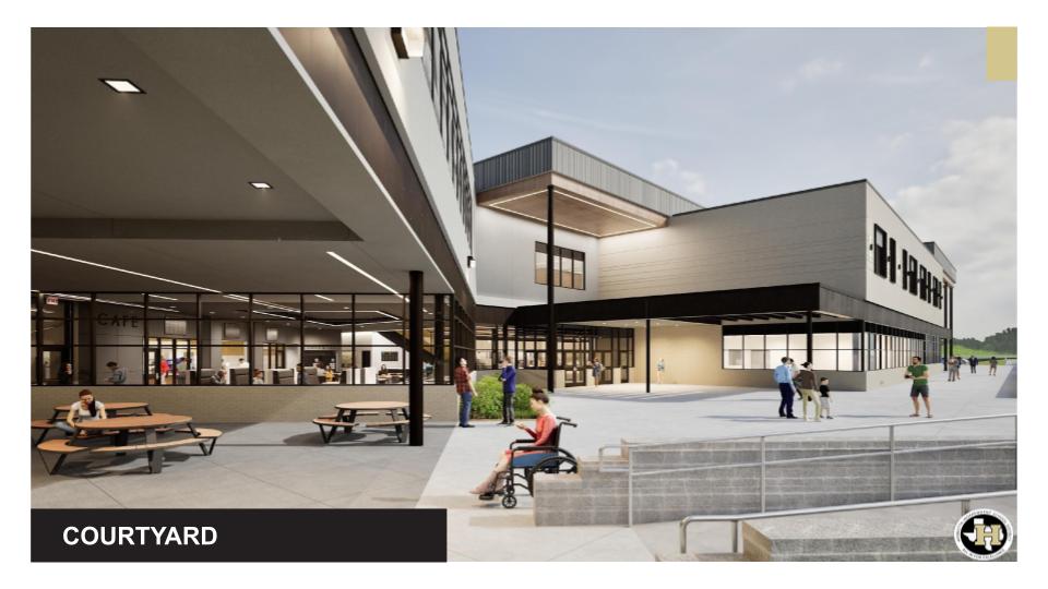 A rendering of a modern building exterior with a courtyard, featuring people sitting at picnic tables and walking around.