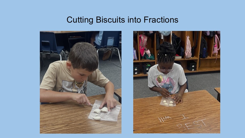 Two images of children at desks. One boy cuts a biscuit into pieces, the other girl holds a glass.