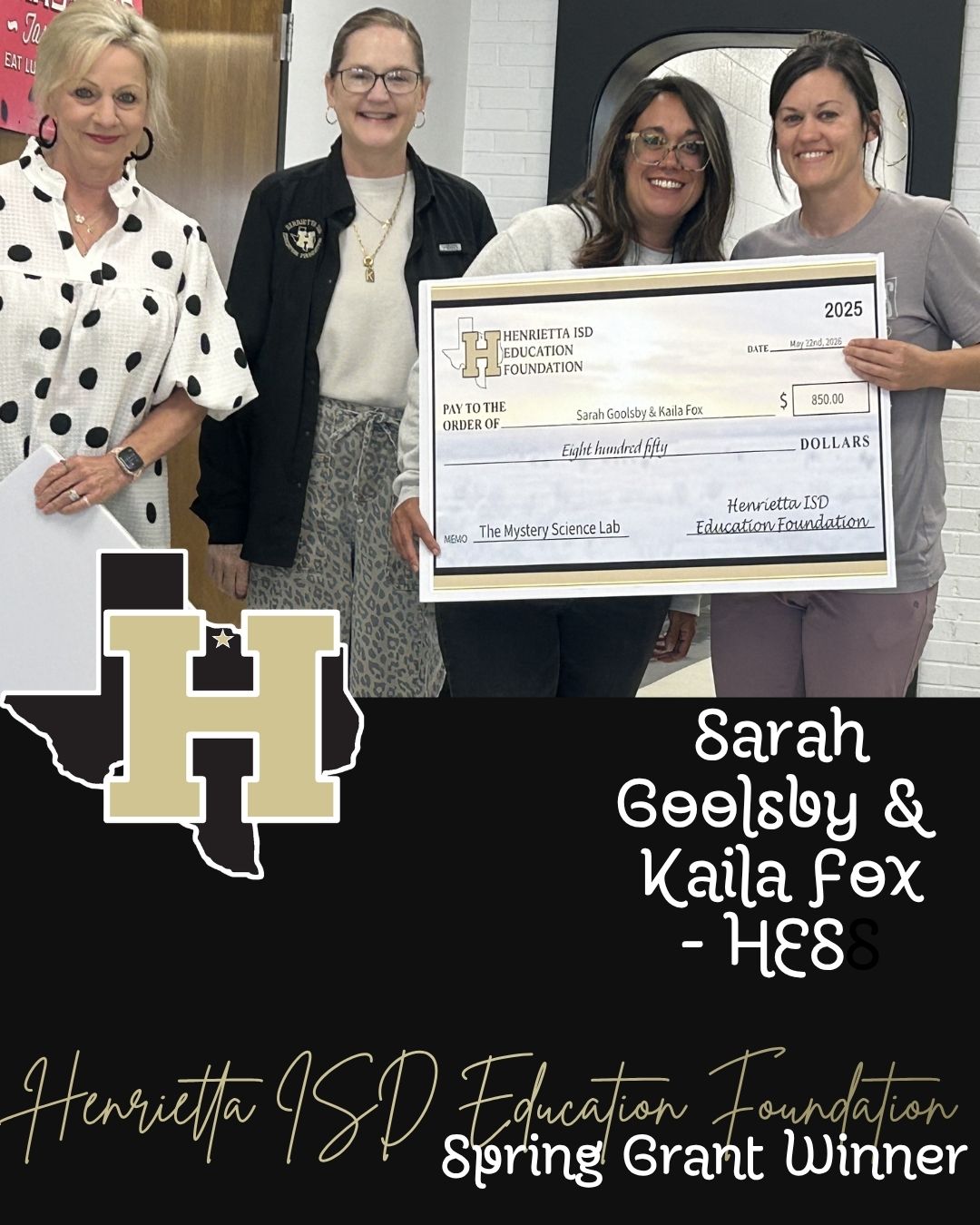 Four women in a hallway hold a large check and text reads "Sarah Goolsby & Kaila Fox - HE&S".