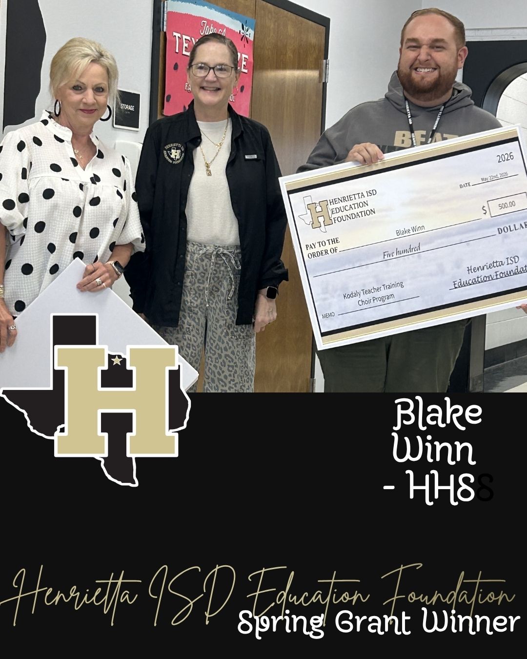 Three people stand with a large check. One holds a sign with the letters "H" and "H". The check reads "Blake Winn - HHS".